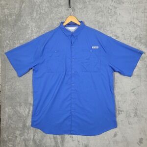 Columbia Tamiami PFG Shirt Mens 2XT Tall Blue Short Sleeve Fishing Omni Shade
